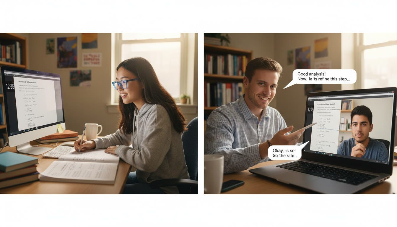 Photo Idea : A split-screen of two study scenes — one with a student taking a timed practice test, and another with a tutor (online) reviewing a free-response question; shows active feedback in action.