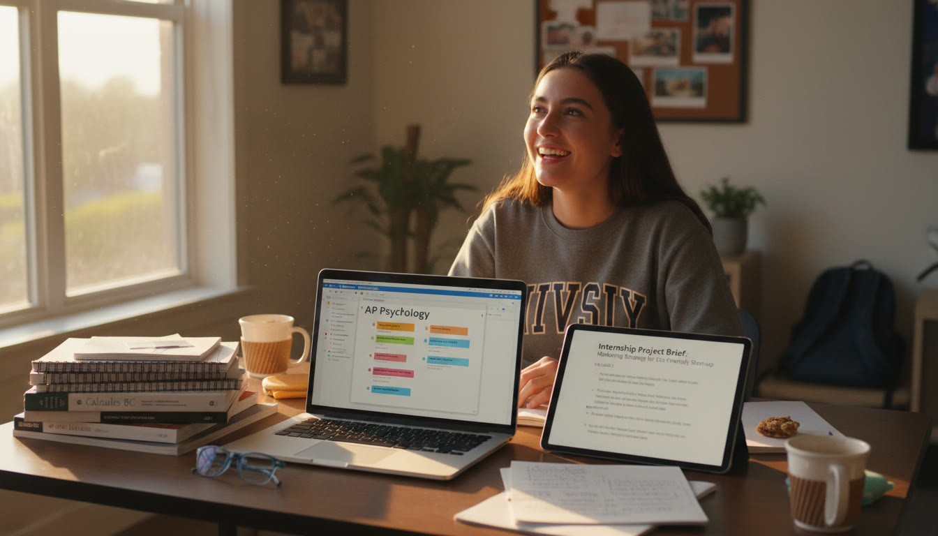 Photo Idea : A student at a desk late afternoon, laptop open with AP notes on one side and a project brief from their internship on the other, illustrating the work-study blend.
