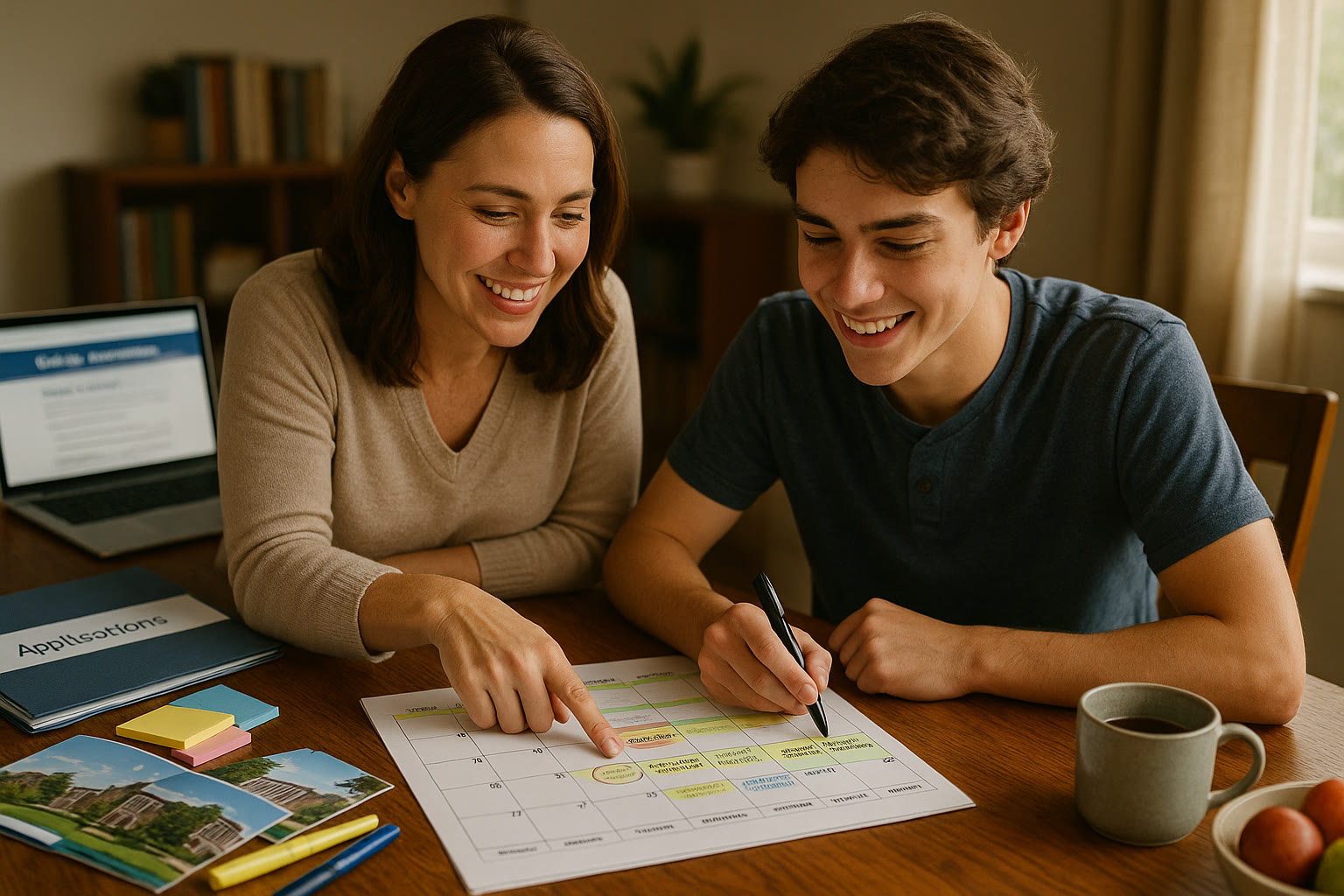 Photo Idea : A parent and student reviewing a calendar together at a dining table, pointing at test dates and college deadlines, smiling and relaxed—illustrates collaborative planning and support.