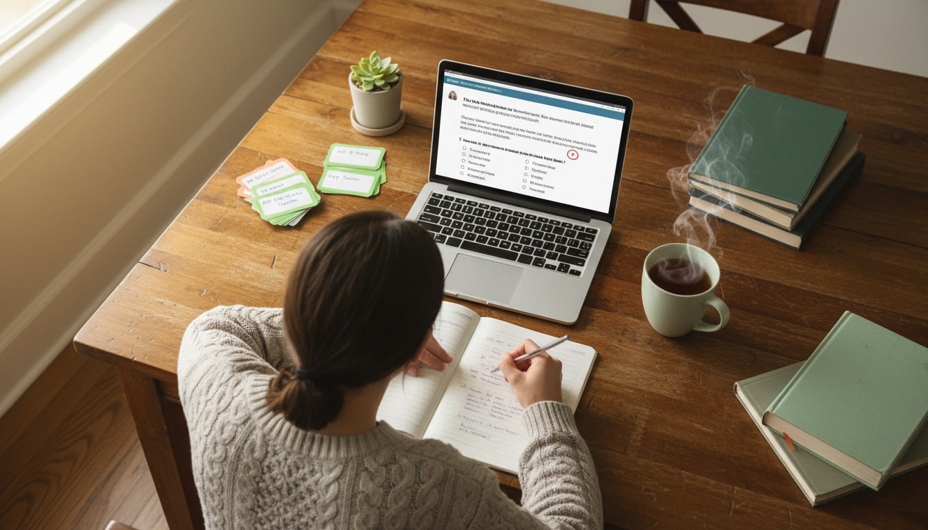 Photo Idea : A focused student at a kitchen table with a neat stack of flashcards, a laptop showing a practice question, and a mug of tea — shot from above to show organized, calm last-minute prep.