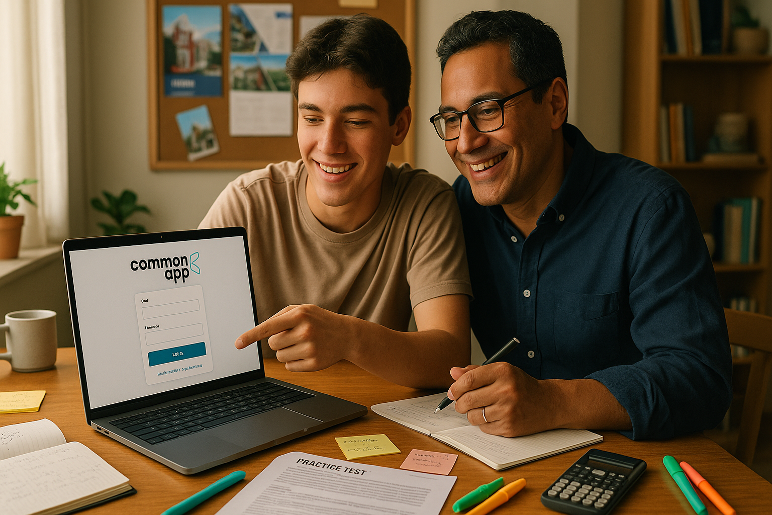 Photo Idea : A friendly workspace photo of a high school student and parent looking at a laptop together with the Common App login screen visible and test prep notes on the table.