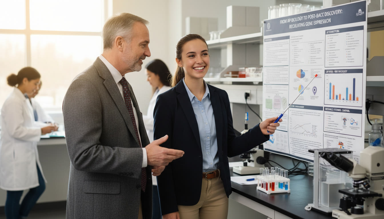 Photo Idea : An image of a student presenting a research poster or working in a lab with a mentor—showing the transition from AP learning to post‑bacc research results. Place in the latter half of the article where post‑bacc planning is discussed.