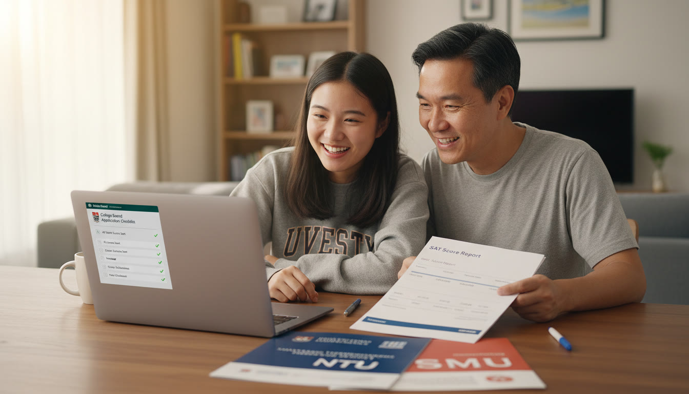 Photo Idea : A celebratory moment — student and parent looking at an application checklist and a printed SAT score report, smiling, with university brochures for NUS/NTU/SMU on the table.