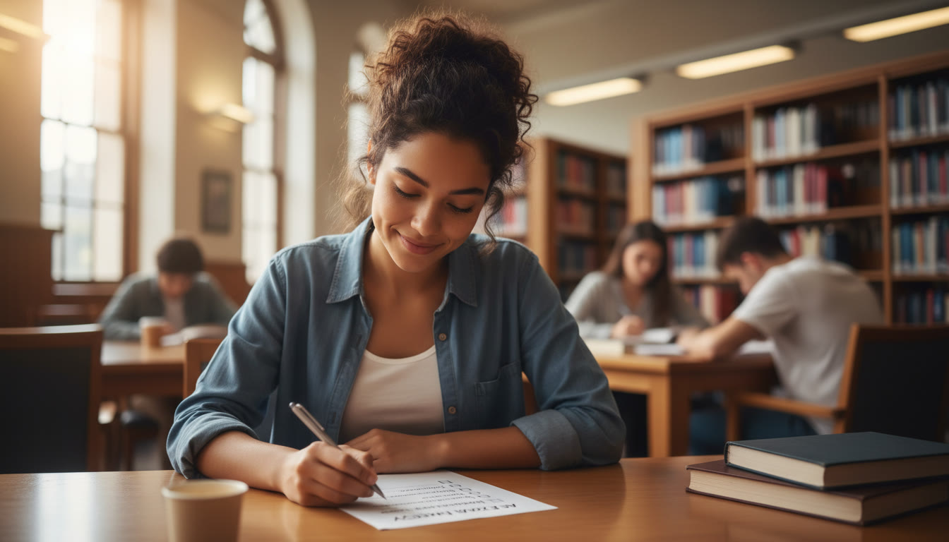 Photo Idea : A calm, focused image of a student in a quiet library softly smiling while reviewing a checklist titled 