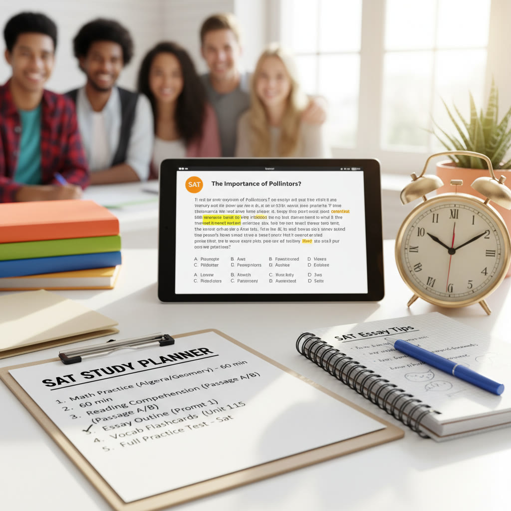 Close-up of a student checklist on a desk with a clock, notebook, and a digital tablet showing an SAT question, emphasizing structured study