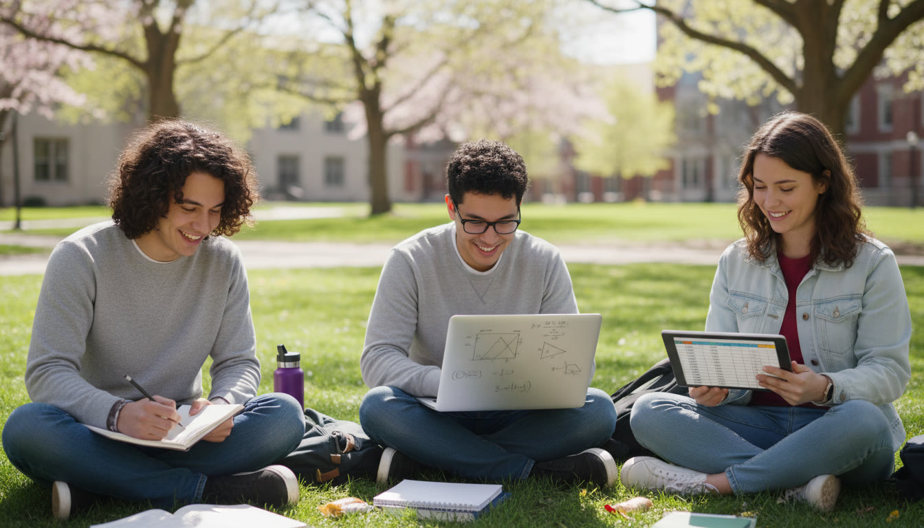 Photo Idea : A bright, natural photo of three students sitting together on a campus green—one sketching in a notebook (arts), one solving a math problem on a laptop (engineering), and one reviewing a spreadsheet (management). The shot should feel candid and hopeful.