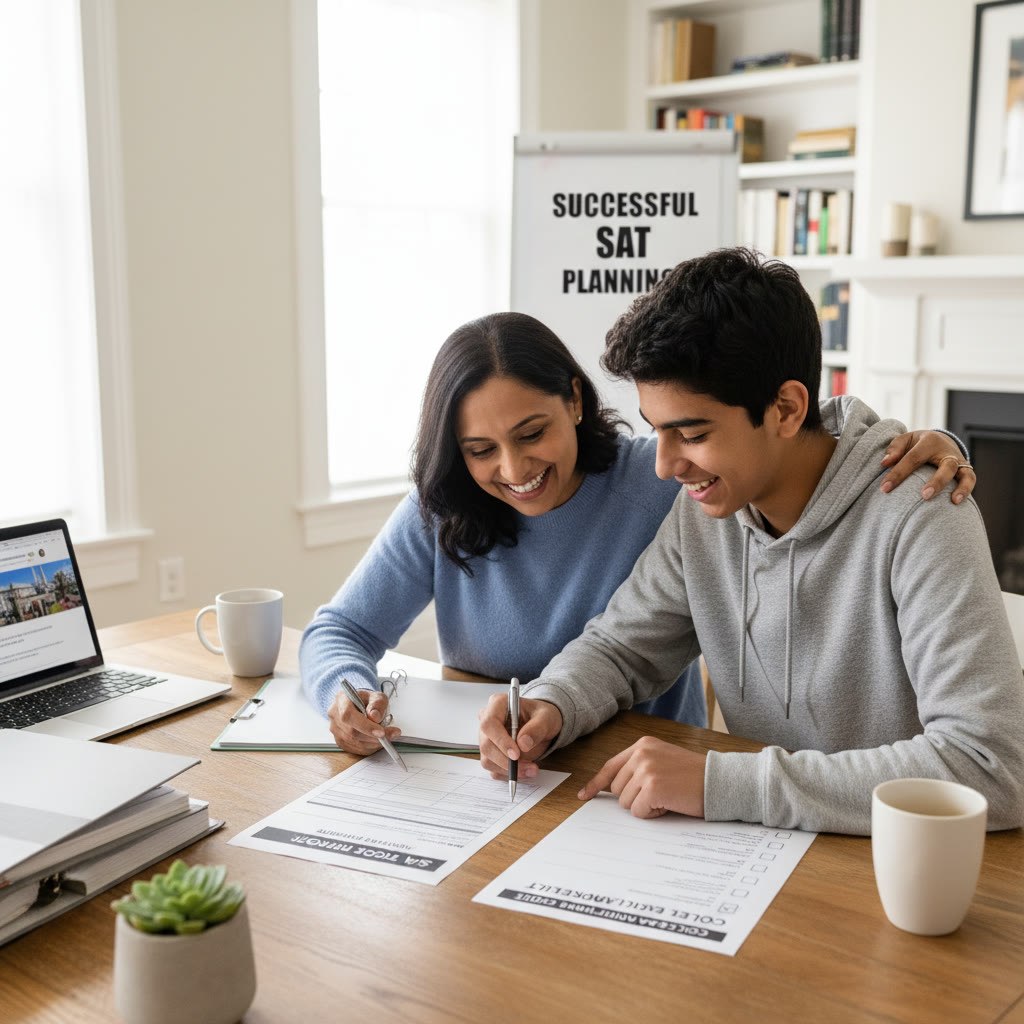 Photo Idea : An image of a parent and teen reviewing an application checklist together, with printed SAT score report visible on the table, conveying collaboration and organized planning.