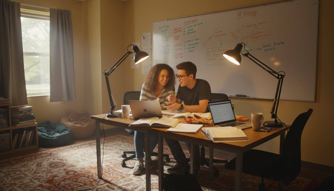 Photo Idea : A cozy dorm study room with individual desks, good task lighting, a whiteboard, and two students quietly discussing notes — warm tones, natural light from a small window.