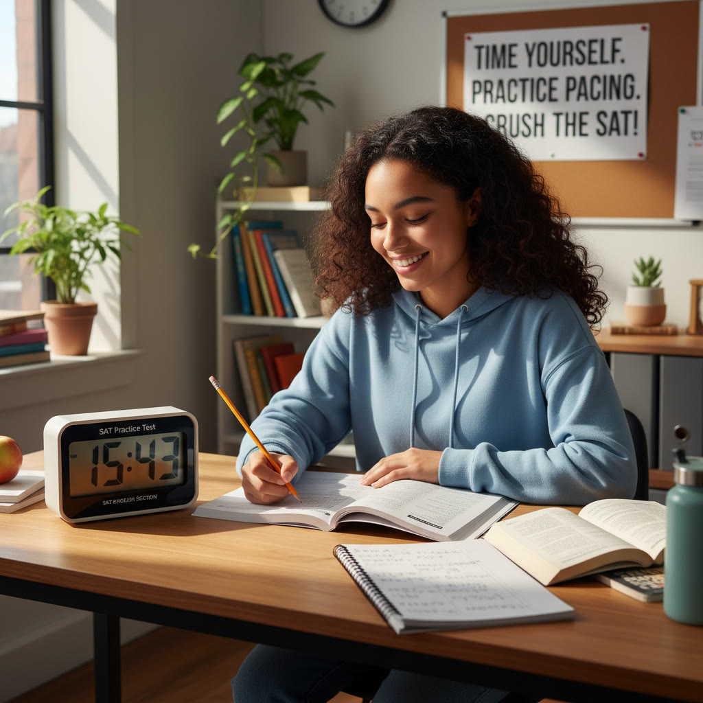 Student at a desk taking a timed SAT section with a stopwatch and notebook, sunlight on the table—conveys focus and pacing practice.