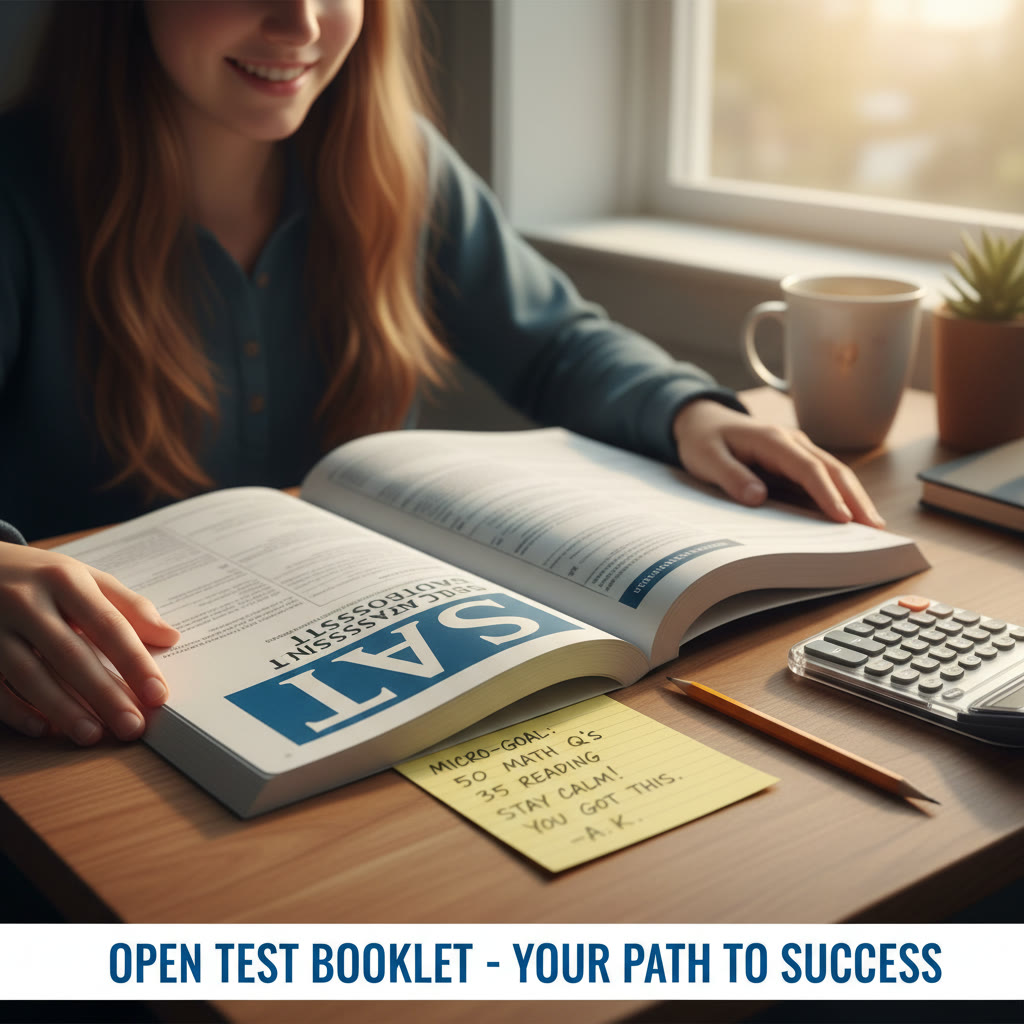 Open test booklet with a student's handwritten micro-goal card placed beside it, showing a calm test-day setup