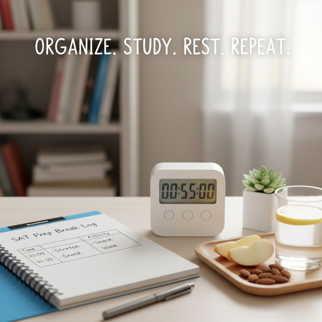 A tidy study desk with a timer, notebook showing a break log, and a small healthy snack—visualizes organization and intentional resting.