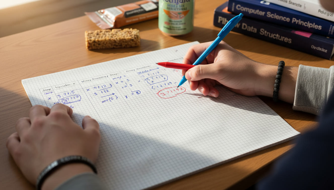 Photo Idea : A close-up photo of a student writing an algorithm trace on graph paper with colored pens—one color for variable changes and another for array snapshots, capturing the hands-on nature of tracing.