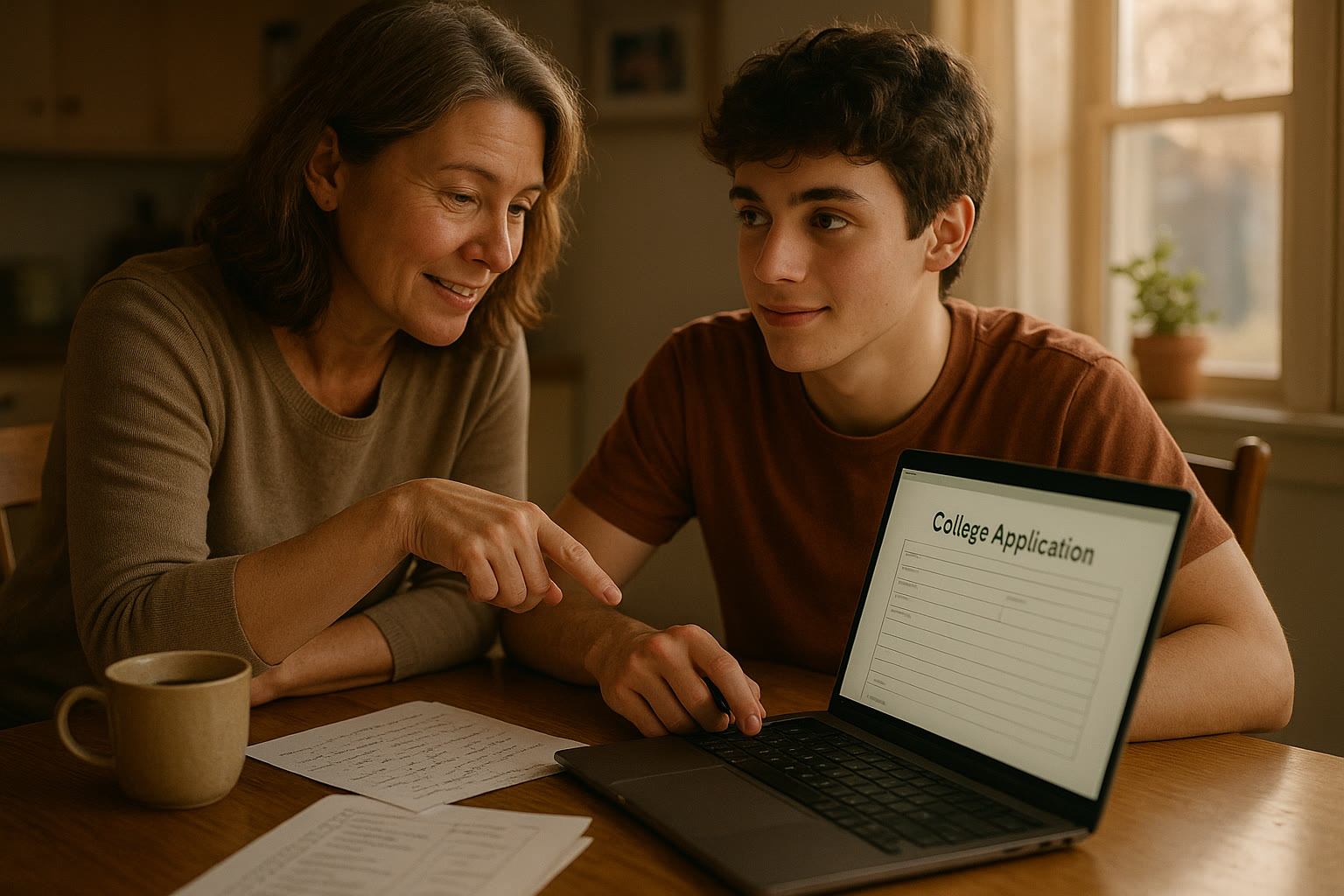Photo Idea : A hopeful student sitting at a kitchen table with a parent, laptop open to a college application form, notes and a mug of tea nearby — warm, candid, collaborative moment.