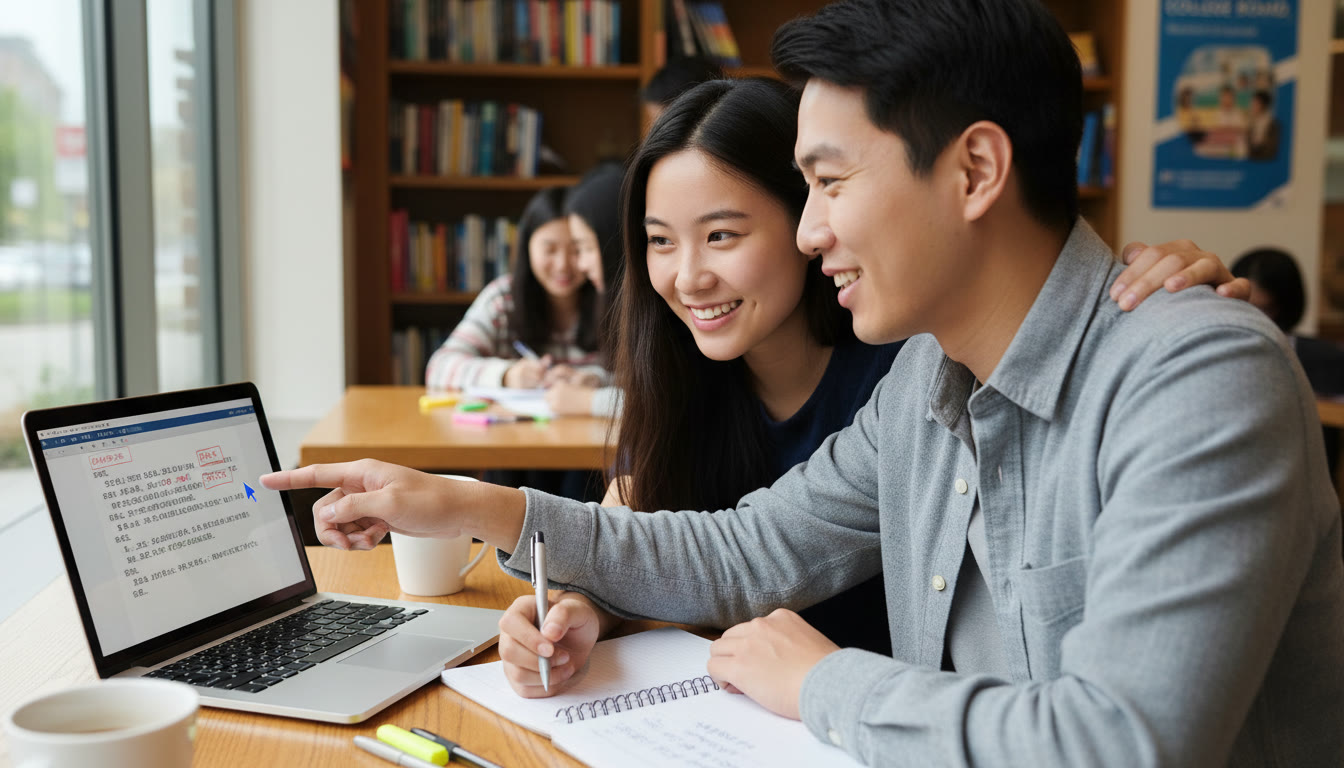 Photo Idea : A student and a tutor working together over a laptop and notebook—annotated Chinese text on the screen, tutor pointing to a sentence, a relaxed but focused atmosphere to illustrate tailored, 1-on-1 guidance.