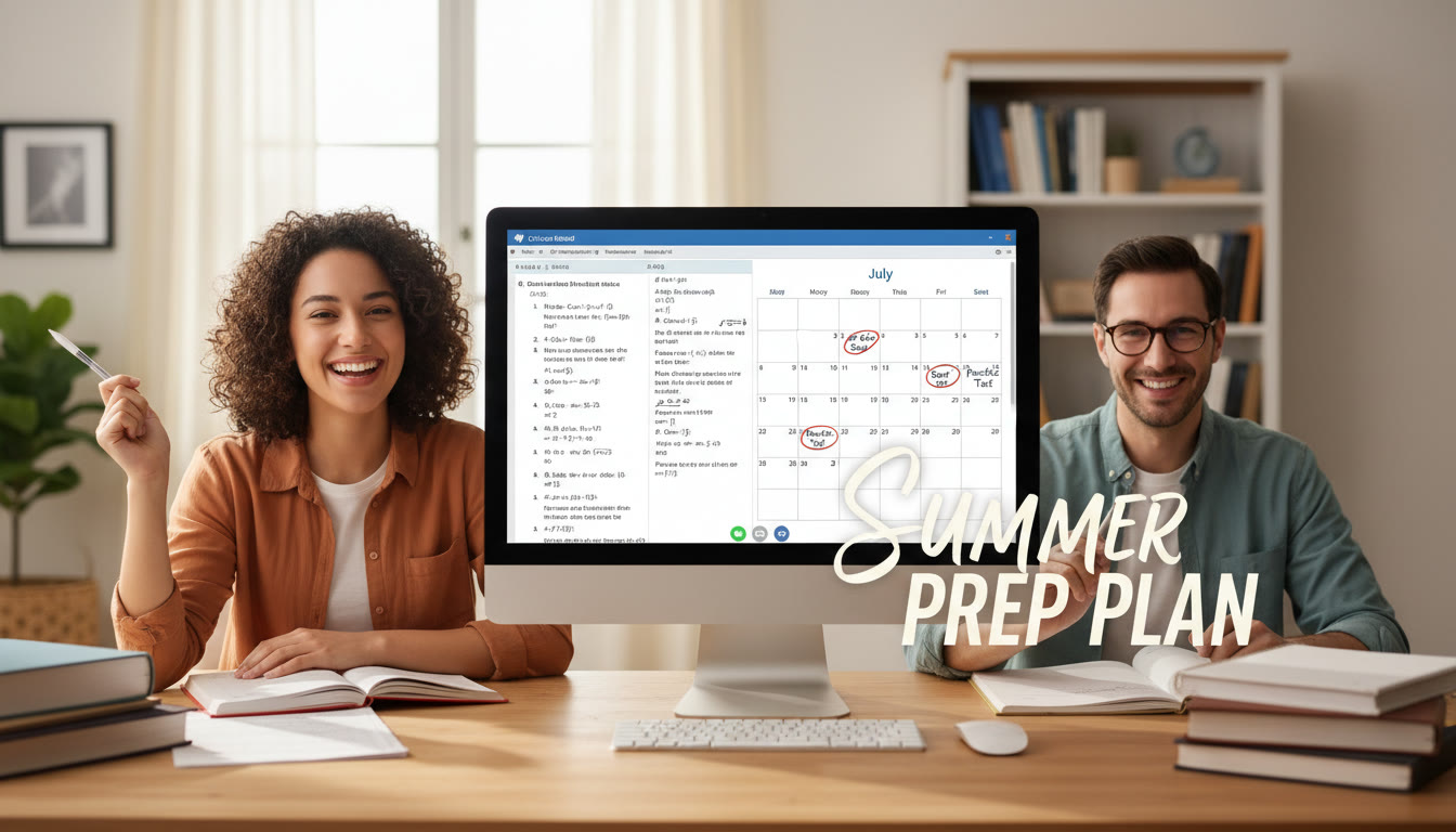 Photo Idea : A student and a tutor on a video call, sharing a screen with practice problems and a calendar illustrating personalized tutoring, planning, and focused summer work.