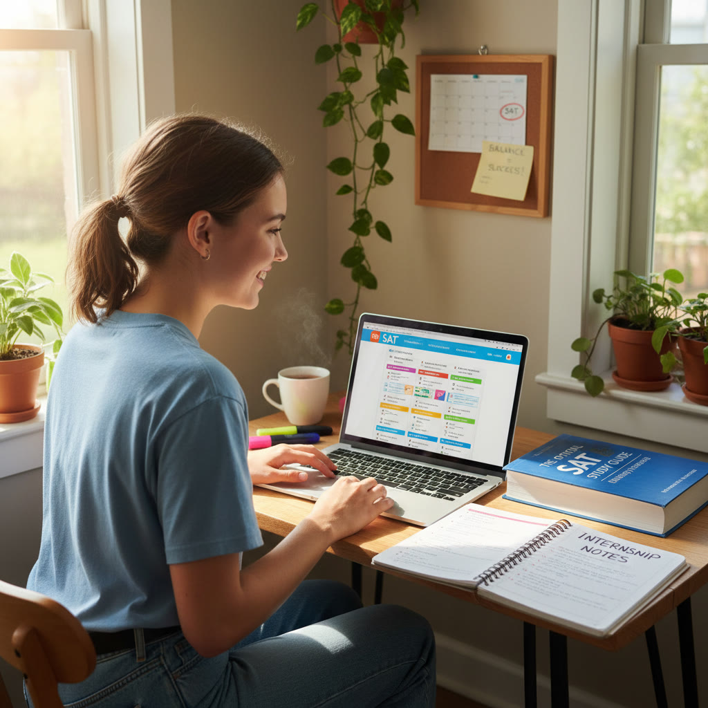 Photo idea: A student sitting at a small desk with a laptop and SAT prep book, while a notebook titled