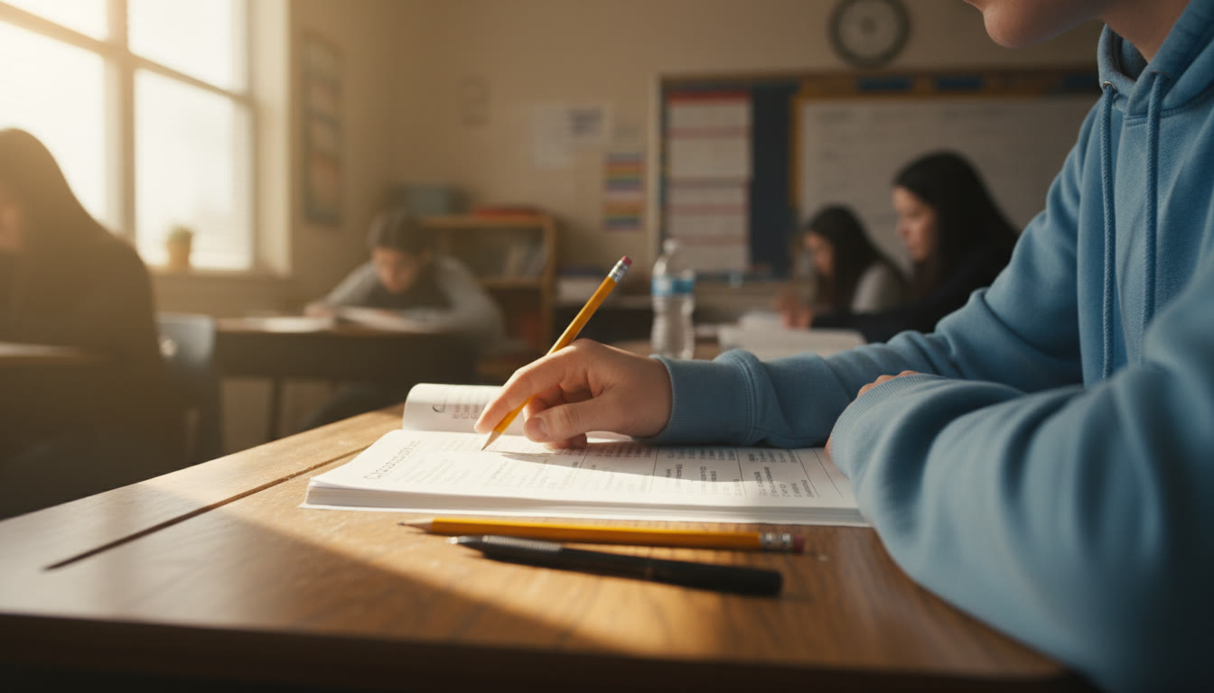 Photo Idea : A close-up photo of a student’s hand poised over an AP exam booklet, with a sharpened No. 2 pencil and a black-ink pen side-by-side on the desk. Natural classroom lighting, warm tone.