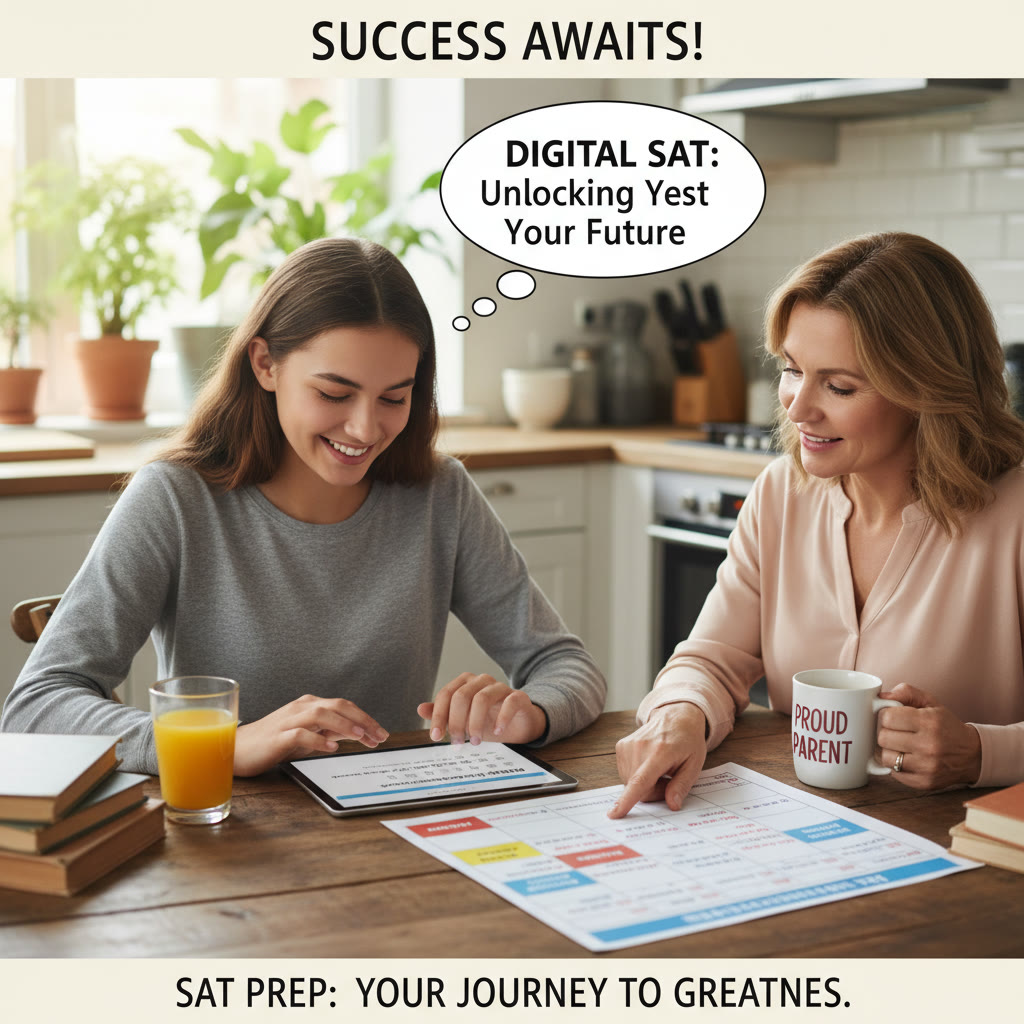 Photo Idea : A student taking a Digital SAT practice test on a tablet at a kitchen table, with a parent nearby reviewing a study schedule—captures collaboration and calm focus.