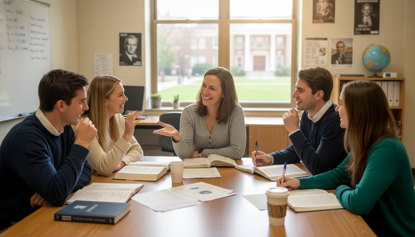 Photo Idea : A warm, candid photo of an AP teacher and a small group of students around a table with textbooks and notes, mid-discussion. The atmosphere should feel collaborative and relaxed to convey approachability.