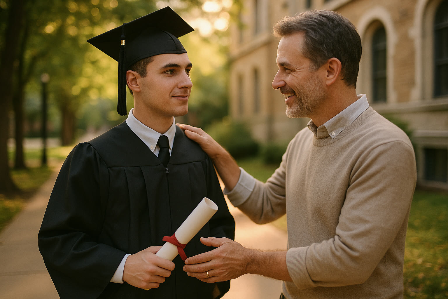 Photo Idea : A hopeful image of a student in cap-and-gown receiving advice from a smiling mentor or family member — outdoors on a campus walk, symbolizing the next step and family pride.