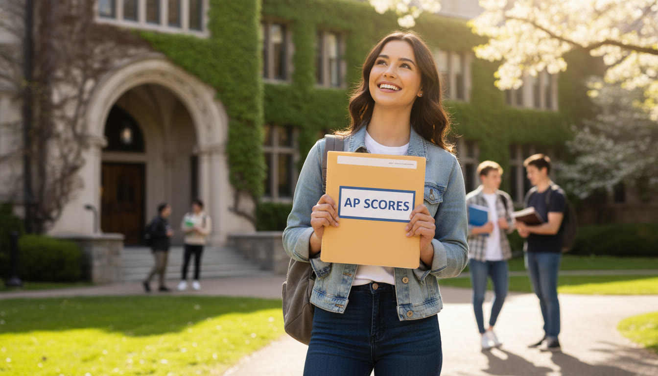 Photo Idea : A bright, energetic photo of a student smiling outside a university building while holding a folder labeled 