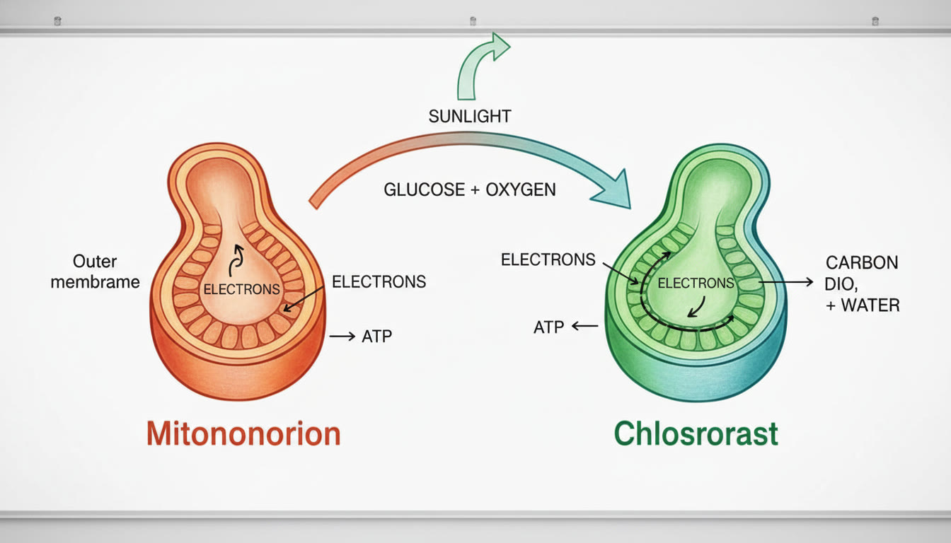 Photo Idea : A bright, classroom-style illustration of a mitochondrion and chloroplast side by side, with labeled energy flows (electrons, ATP) to visually compare respiration and photosynthesis. This fits near the top to orient readers visually.