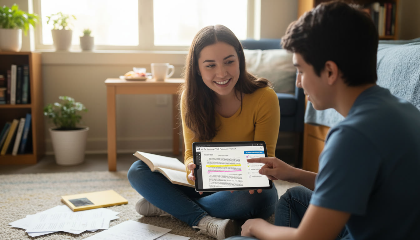 Photo Idea : A student tutor session with a mentor reviewing a practice FRQ on a tablet, annotated with highlighted documents and a checklist. This visual supports the section on personalized tutoring and fits naturally mid-article.