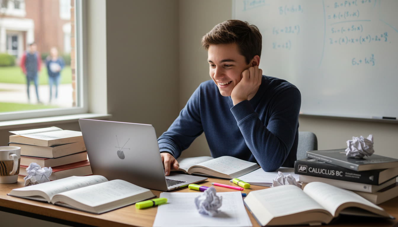 Photo Idea : A high school student in a thoughtful pose at a desk with a laptop, surrounded by notes and an AP textbook, suggesting deep subject study and focused preparation.