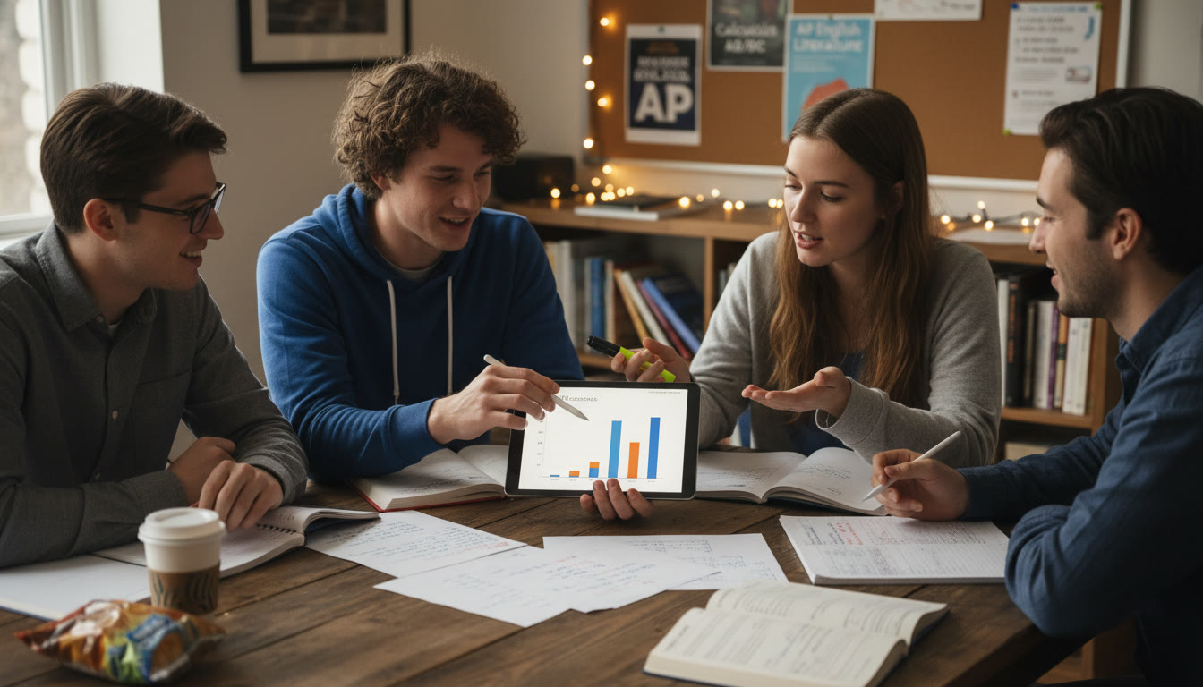 Photo Idea : A small group study scene where a student explains a graph to a peer on a tablet, notes scattered, warm collaborative vibe — perfect for demonstrating tutoring and peer review.