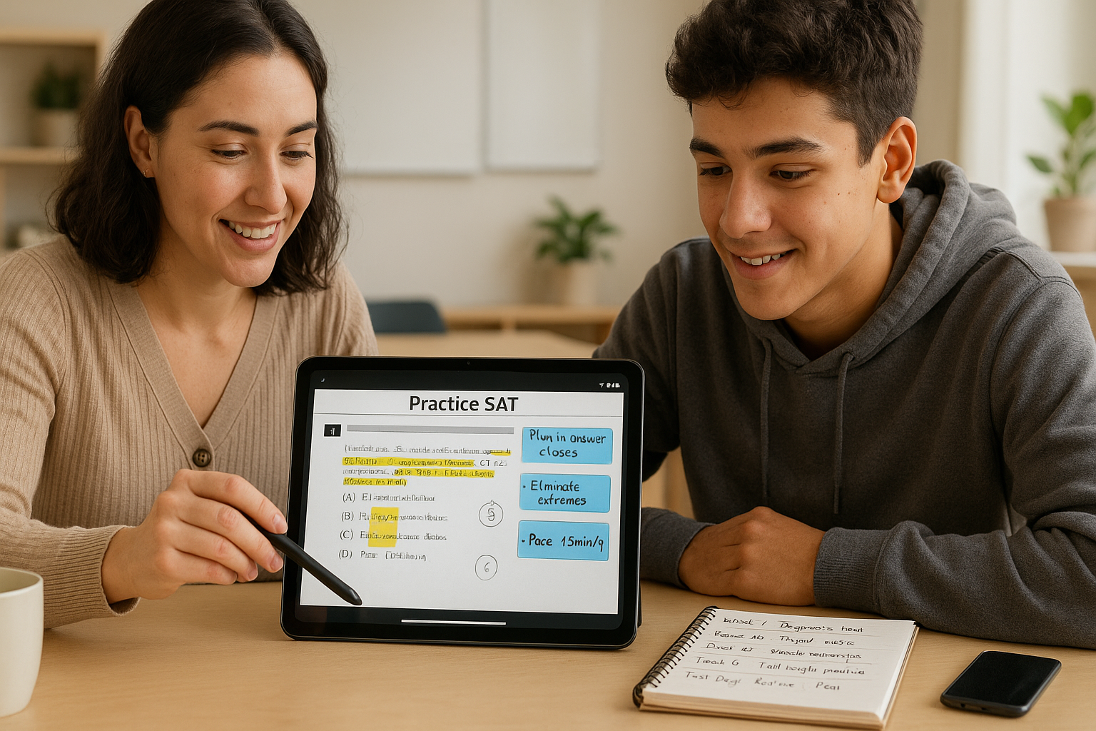 Photo Idea : A tutor and high-school student reviewing a digital SAT practice test on a tablet, with highlighted strategies and a notepad showing a study plan timeline.