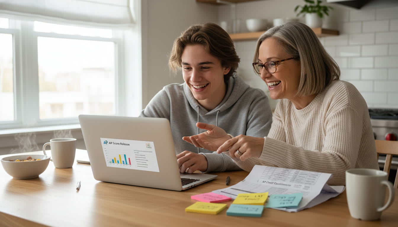 Photo Idea : A cozy kitchen table scene with a parent and teen reviewing a laptop screen together; a printed spreadsheet and sticky notes are scattered nearby.