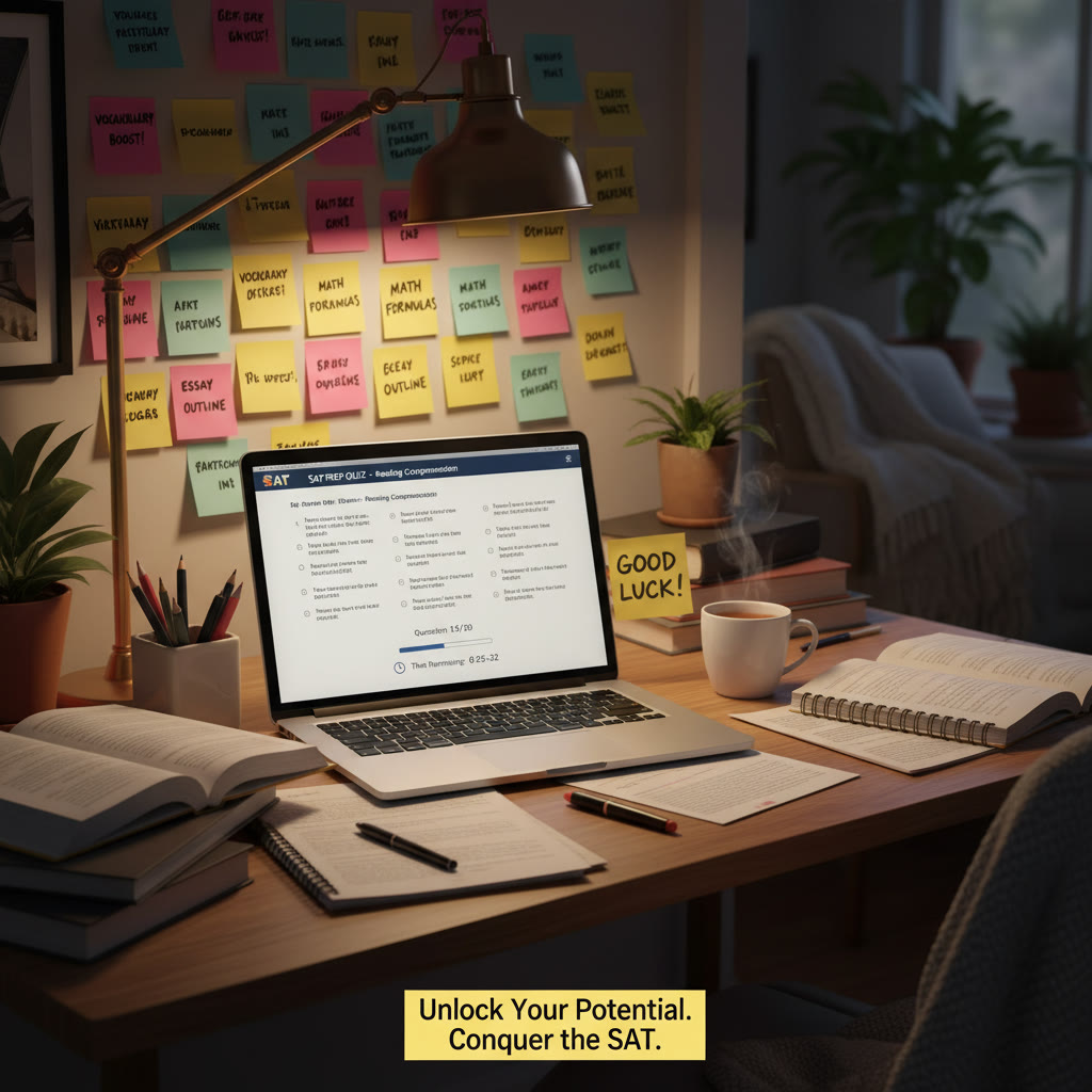 A cozy late-night study nook with a lamp, sticky notes on the wall, and a laptop displaying practice questions