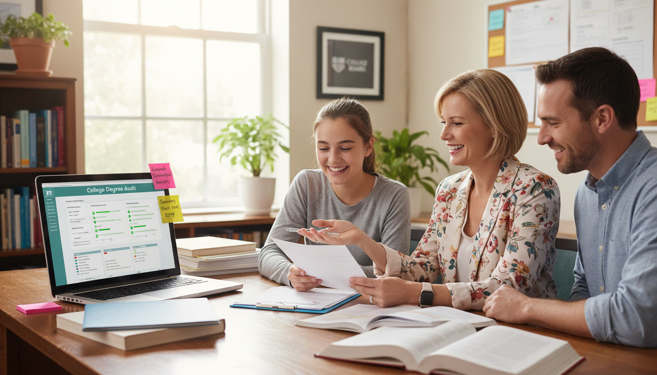 Photo Idea : A smiling academic advisor in an office reviewing a student’s AP score report with a parent and teen—paperwork, a laptop with a college degree audit on screen, and sticky notes with action items.