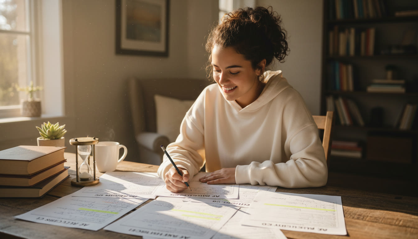 Photo Idea : A warm study scene showing a student with printed AP review sheets, a pencil, and a small hourglass on a wooden table sunlight streaming through a window.