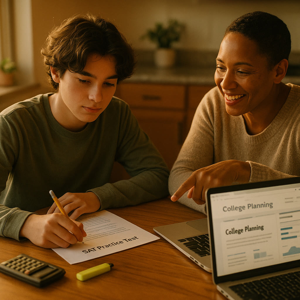 Photo Idea : A warm, candid photo of a high-schooler studying with a parent at a kitchen table, laptop open to a college planning webpage and a printed SAT practice test nearby.