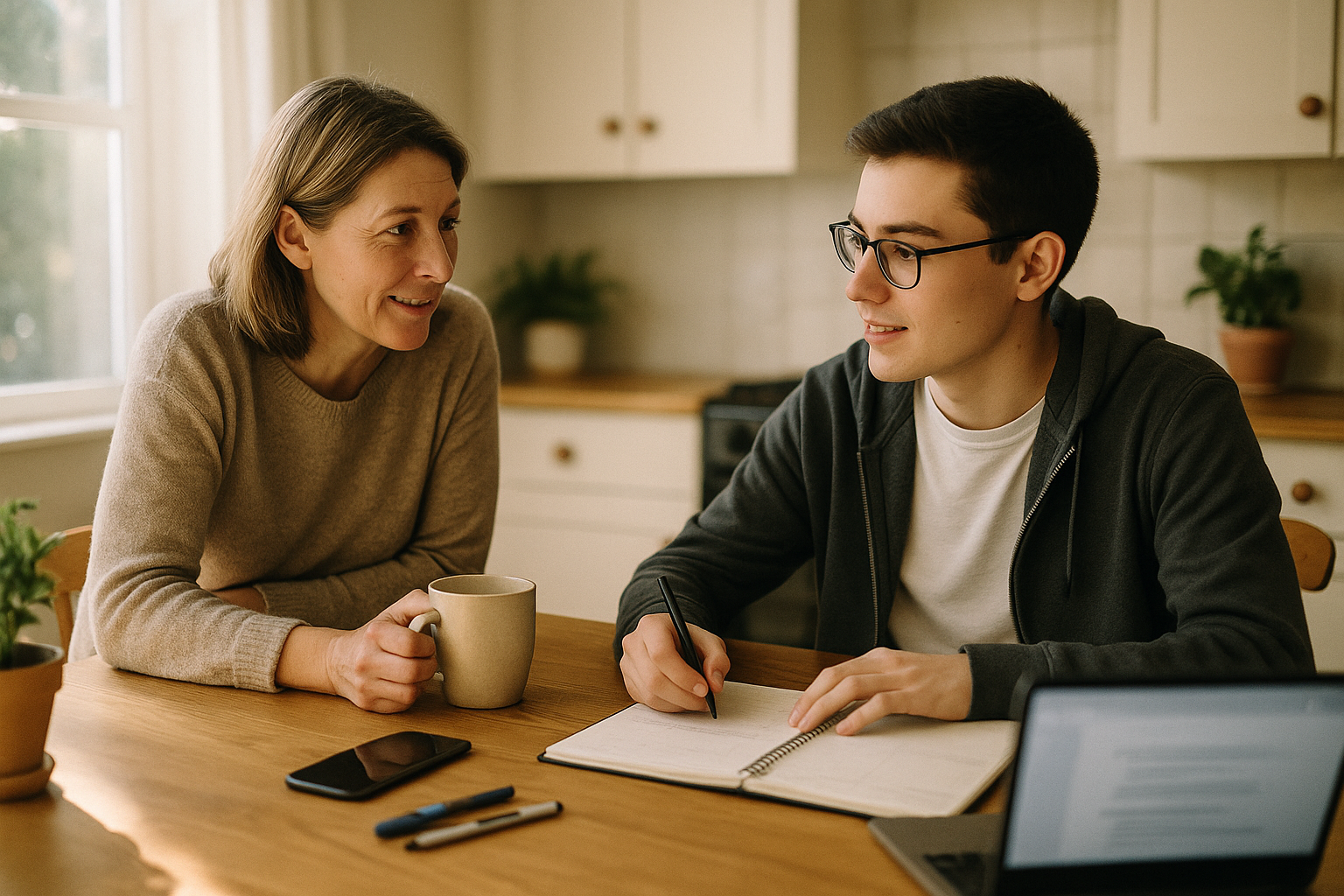 Photo Idea : A calm student at a kitchen table with a laptop and planner open, a parent leaning in to chat — natural light, relaxed scene showing collaboration.