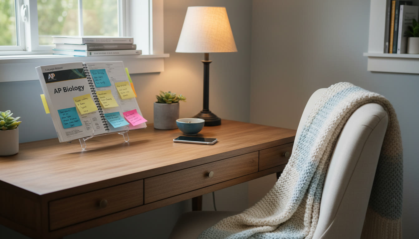 Photo Idea : A cozy study nook with a neat desk, soft natural light, a closed phone in a bowl, and an open AP prep notebook with colorful sticky notes. The image should feel calm and intentional, showcasing a focused but gentle atmosphere.