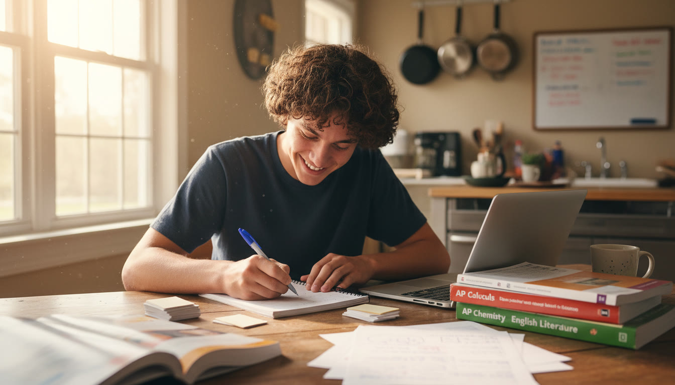 Photo Idea : A candid photo of a high school student at a kitchen table surrounded by open AP textbooks and a laptop, smiling as they jot an idea in a notebook — conveys focused yet genuine effort in studying and reflection.