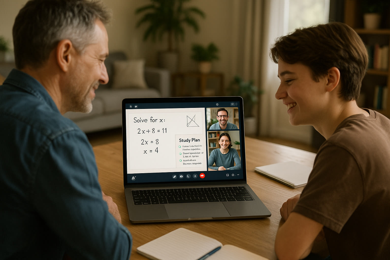 Photo Idea : A parent and teen meeting with a tutor over a video call. The screen shows a shared digital whiteboard with a math problem and a clear, upbeat study plan on the side.