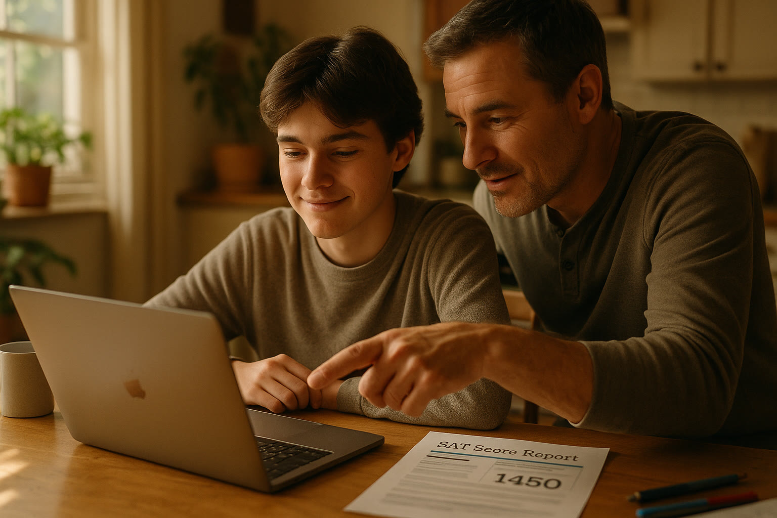 Photo Idea : A relaxed student at a kitchen table with a laptop, a printed SAT score report, and a parent pointing at items on the screen — natural light, warm tones.