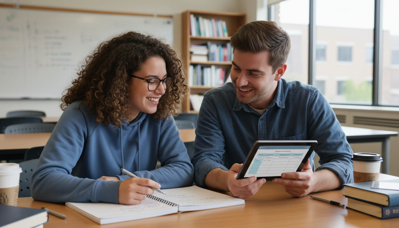 Photo Idea : A student and tutor reviewing a lab notebook together across a table with a tablet displaying a digital template; the image should feel collaborative and focused, illustrating personalized tutoring and concrete feedback.