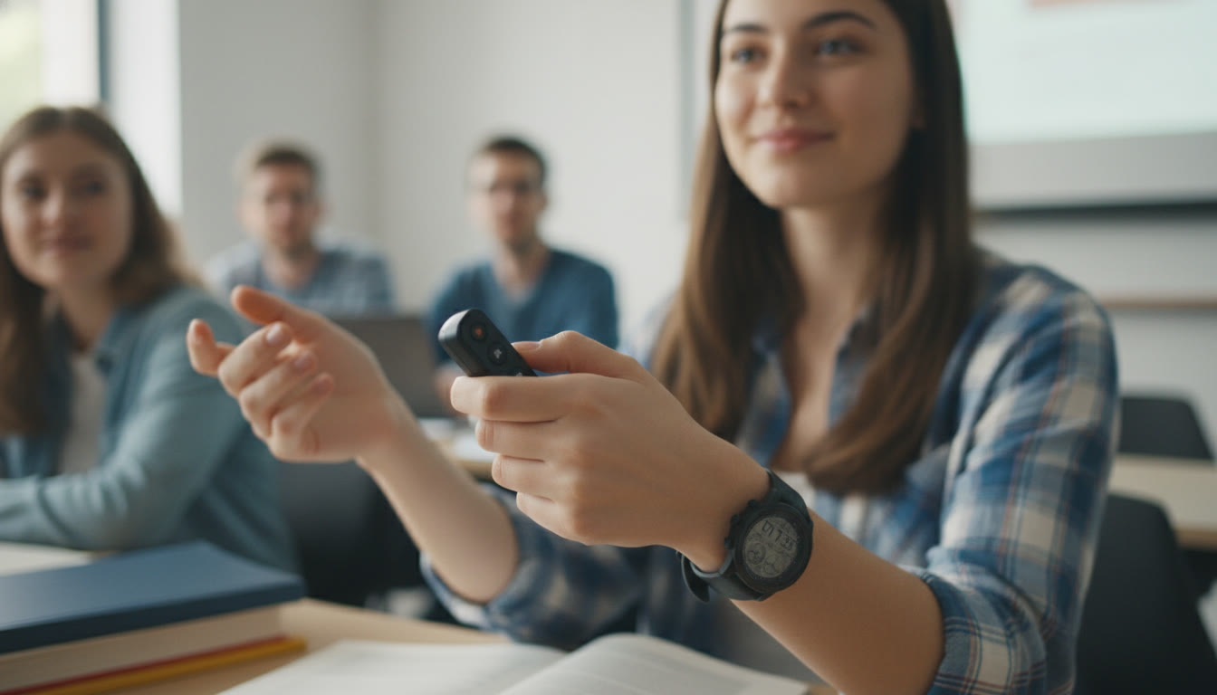 Photo Idea : Close-up of a student's hand holding a small remote clicker while a watch shows elapsed time. Suggests calm control and timing awareness mid-presentation.