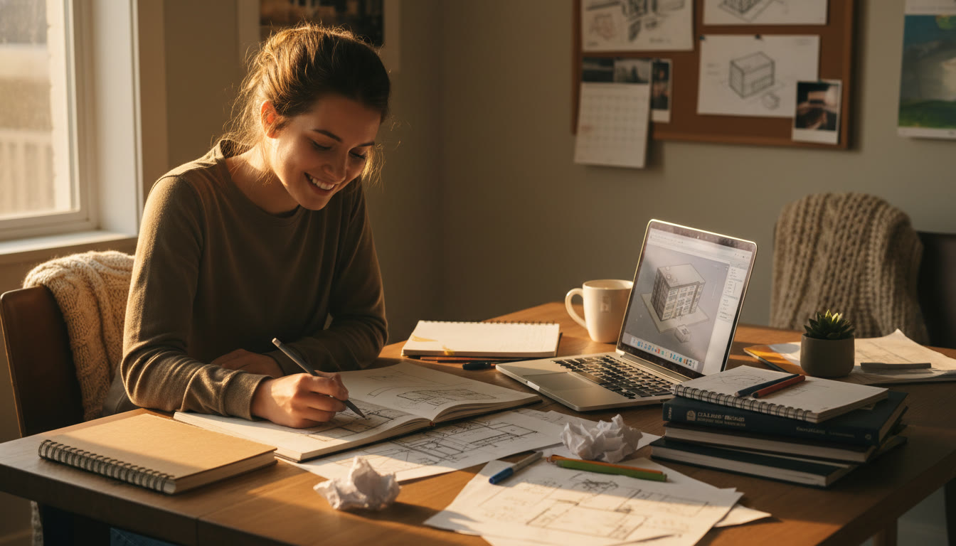 Photo Idea : A student at a desk with sketchbooks, notes, and a laptop, showing concentrated work on one project—natural light, warm tones.