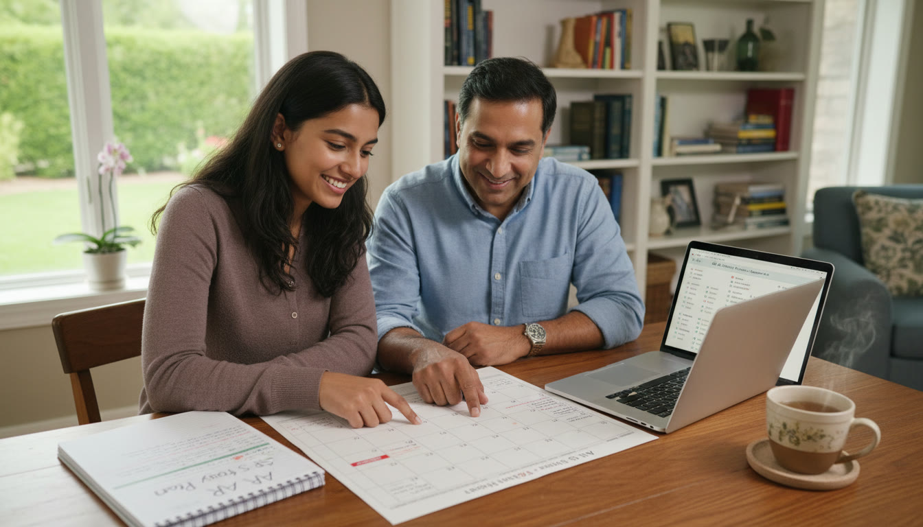 Photo Idea : A calm family scene: parent and student reviewing a calendar and study plan together, with a laptop open to practice questions and a cup of tea nearby — conveying collaboration and balance.