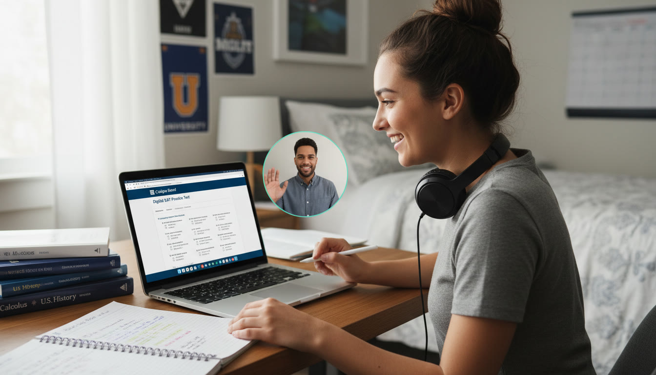 Photo Idea : A student at a desk doing a Digital SAT practice test on a laptop, notes and a tutor on a video call in the corner — illustrates blended, modern preparation.