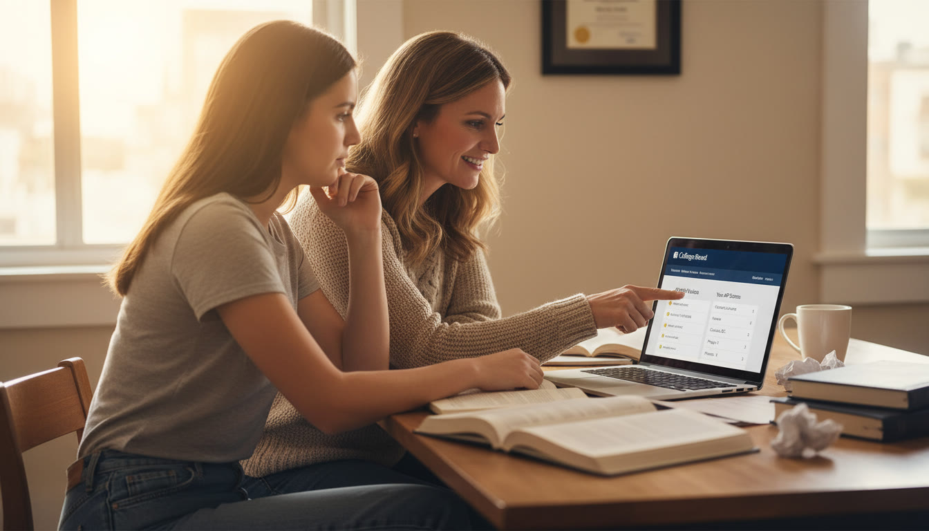 Photo Idea : A college counselor and a high school student leaning over a laptop together, looking at college credit policies and AP score reports—warm lighting, relaxed but focused.