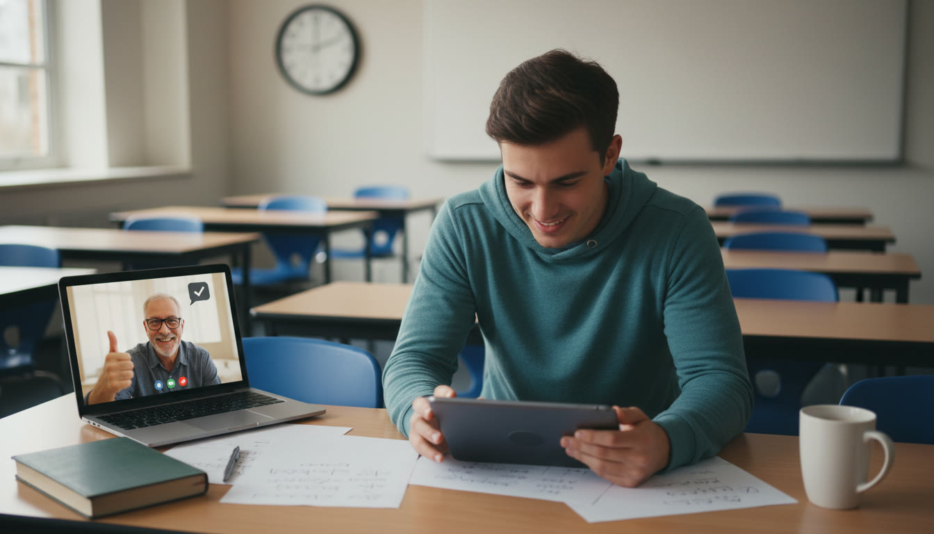 Photo Idea : A focused student taking a timed practice AP exam in a quiet classroom, with a tutor observing remotely on a laptop — emphasizes preparation, testing conditions, and blended support.