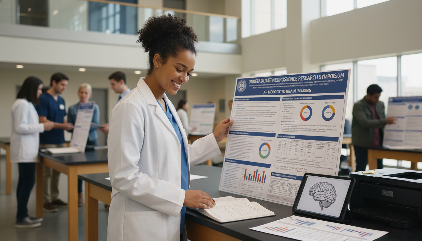 Photo Idea : A college-age student in a lab coat reading a research poster, with notebooks showing calculations and a statistics printout nearby; conveys transition from high school AP classes to undergraduate research and medicine-focused aspirations.