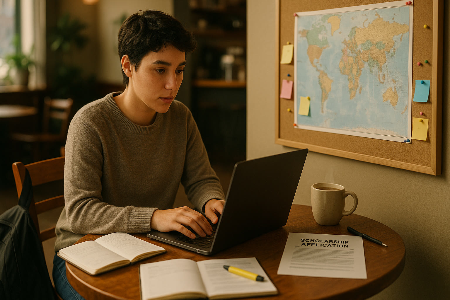 Photo Idea : A college-bound student studying with a laptop at a small café table, with a world map pinned on a bulletin board in the background to emphasize studying for scholarships abroad.