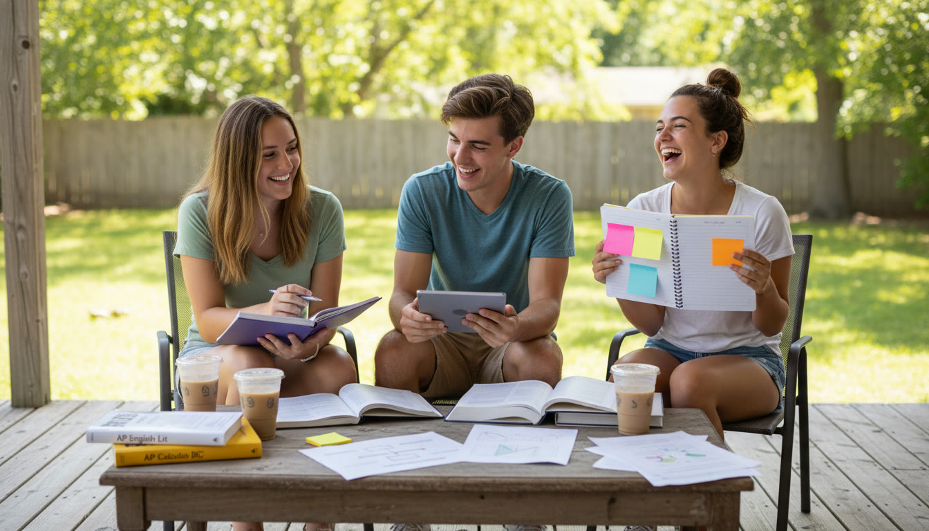 Photo Idea : A small study group on a porch with notebooks and a tablet, laughing and exchanging notes — showing collaborative review, peer feedback, and the social side of summer prep.